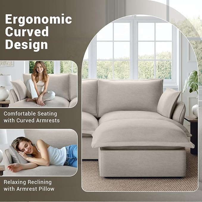 114” Oversized Modular Sectional Sofa, Comfy Down Fill Cloud Couch with Washable Cover, L Shaped 3 Seater Modular Couch with Ottoman, Convertible Sectional Couches for Living Room, Light Gray