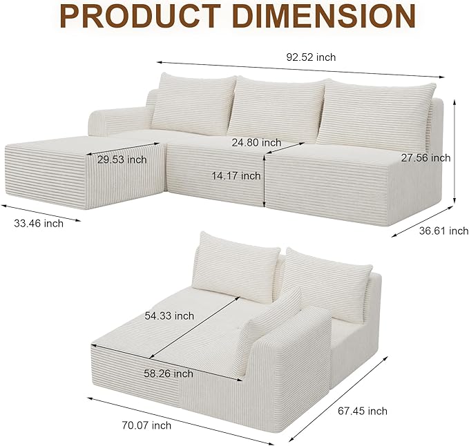 JSLOVE Modular L-Shape Sectional Sofa with Chaise, 3 Seat Movable Boneless Cloud Couch in One Box, Sofa Couch Bed with Ultra-Soft Corduroy Fabric, No Assembly Required for Living Room, Bedroom(Beige)