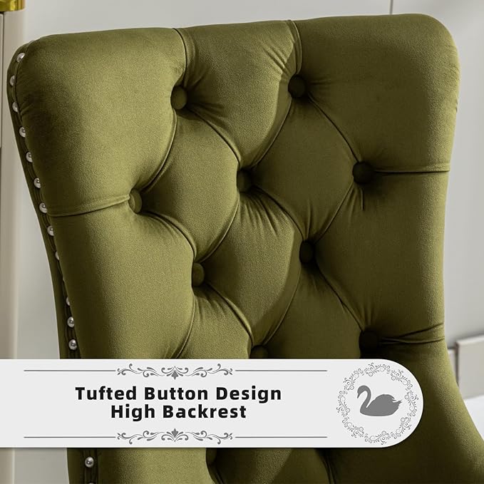 Velvet Upholstered Dining Chairs Set of 6, Modern Kitchen Side Chairs with Nailhead Trim and Silver Plated Leg, Metal Pulling Ring for Dining Room Living Room(Olive Green-Silver Plated Leg)