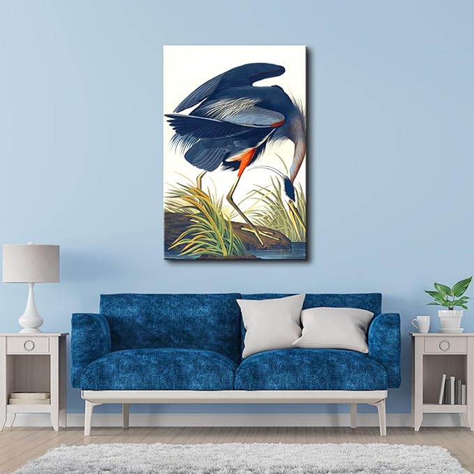 Wieco Art Canvas Print Wall Art Great Blue Heron by John James Audubon Vintage Poster Birds of America Antique Bird Illustration Wall Art for Living Room Home Kitchen Decorations