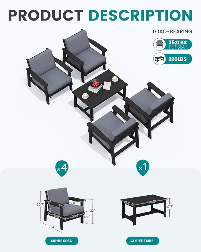 SERWALL Outdoor Patio Furniture Set, 5 Piece HDPE Patio Conversation Sets, All-Weather Wood-Like Outdoor Couch Loveseat and Coffee Table with Thick Cushions for Porch Balcony Garden Backyard