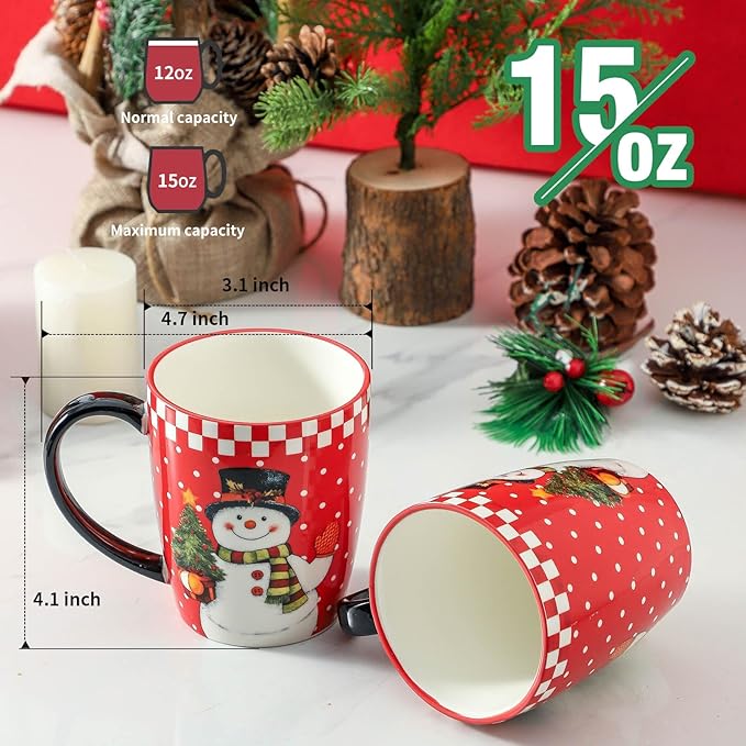 HASENSE Christmas Coffee Mugs Set of 4,15 oz Ceramic Holiday Cups with Handles, Matching Xmas Mugs for Hot Cocoa,Coffee or Tea,Ideal Xmas Gifts for Family,Friends,and Holiday Parties,Colorful