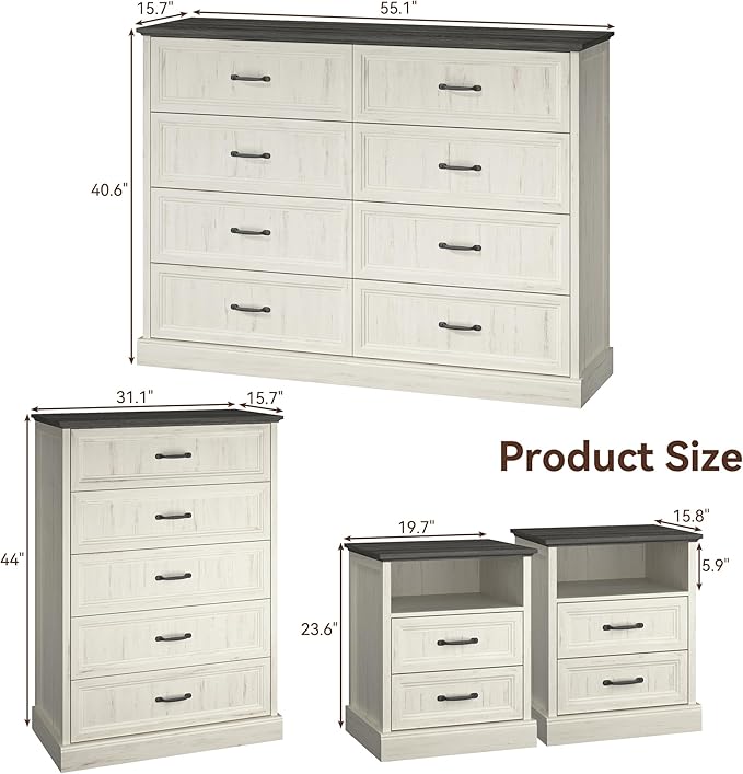 Farmhouse Dresser and Nightstand Sets, 4Pcs Bedroom Furniture Set, Nightstand Set of 2 & 55" Wide 8 Drawer and 44" Tall 5 Drawer Dresser with Large Drawers & Bar Handles, White
