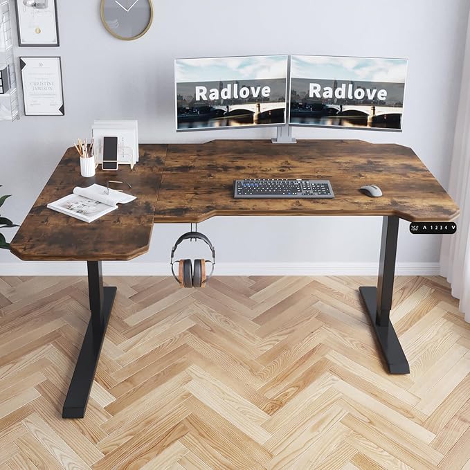 Radlove 59-Inch Large Electric Height Adjustable Computer L-Shaped Desk with Memory Controller Corner Standing Desk Modern Workstation with Splice Board Ergonomic Desk (Black Frame + Rustic Brown Top)