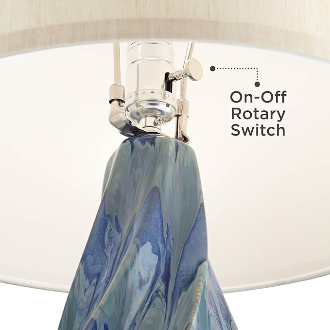 Possini Euro Design Teresa Modern Table Lamp with USB Charging Port 31" Tall Teal Blue Ceramic Beige Fabric Drum Shade Living Room Bedroom House Bedside Home Office Entryway (Color May Vary)
