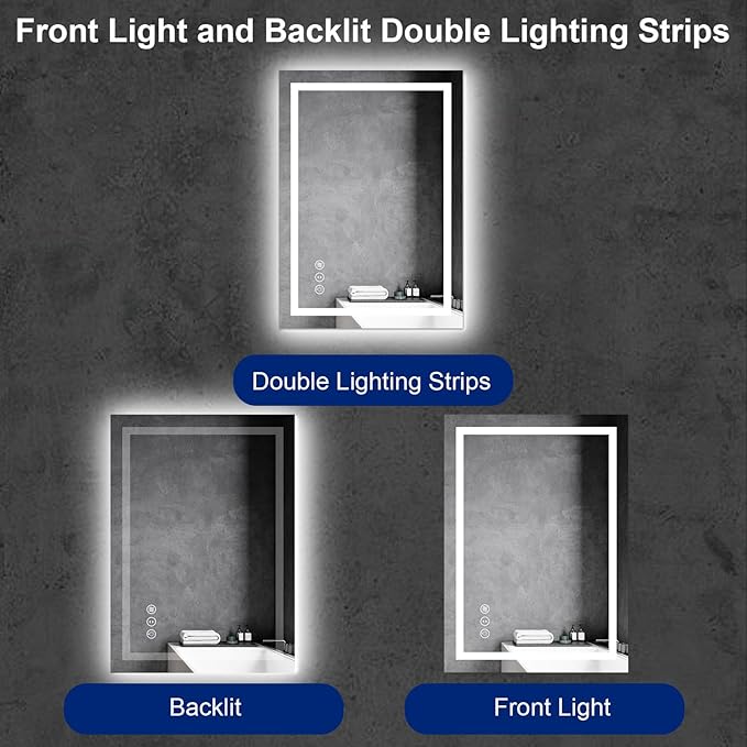 Awoco 20''x28'' LED Bathroom Mirror with Light, Lighted Vanity Mirror with Backlit and Front Light, Dimmable Anti-Fog Memory Function Lighted Mirror with 3 Colors for Bathroom Wall