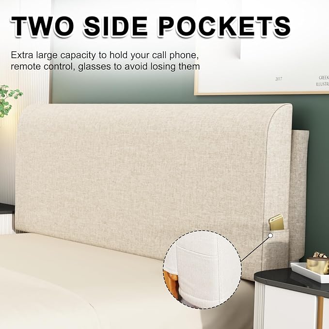 Upholstered Twin Headboard, No Tools Needed, Wall Mounted Headboard with Removeable Washable Linen, Multi-Functional Backrest (Beige)