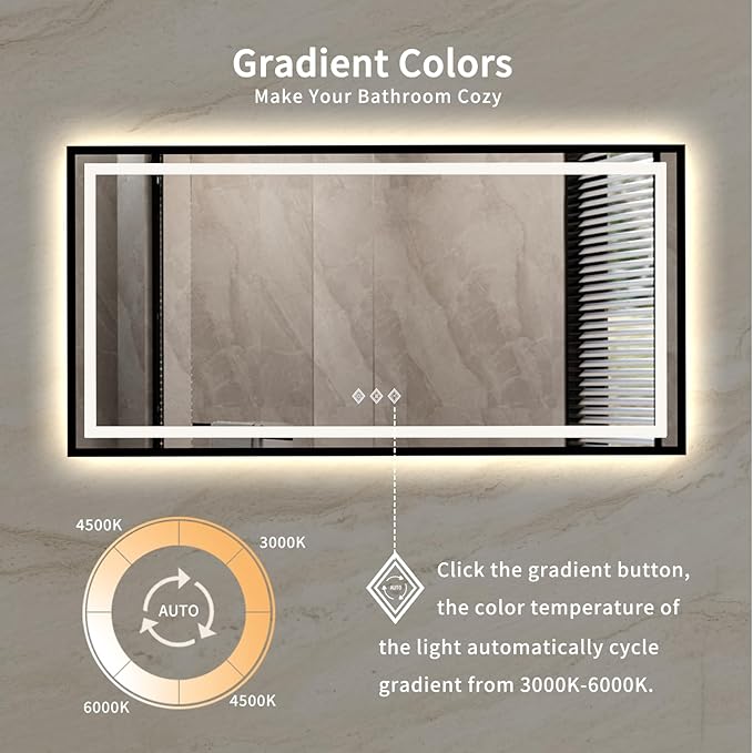 Bathroom Mirrors with Lights, 55x28 Inch Black Framed Gradient Front and Backlit LED Vanity Mirror, 3 Colors Dimmable CRI>90, IP54 Enhanced Anti-Fog Smart Mirror