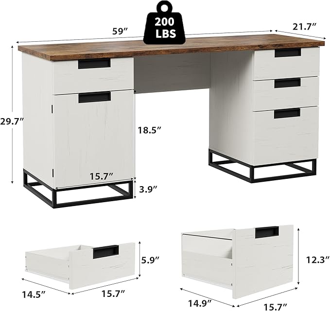 IDEALHOUSE Farmhouse Executive Desk, 59" Computer Desk, White Home Office Desks with File Drawer and Storage Cabinet, Wood Writing Desks for Home Office, Bedroom, White+Vintage
