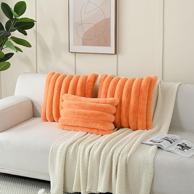 FUTEI Orange Decorative Throw Pillow Covers 20x20 Inch Set of 2, Square Soft Faux Rabbit Fur Thick Striped Cushion Cover,Winter Home Decor for Couch Bed Living Room