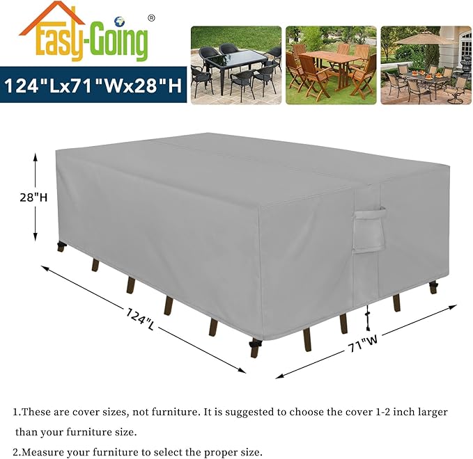 Easy-Going Rectangle Patio Furniture Cover Waterproof Outdoor Dining Table and Chair Cover Anti-UV Outside Sectional Sofa Set Covers (124"L x 71"W x 28"H, Grey)