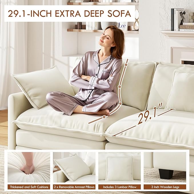 111.4” Cloud Couch Modular Sectional Sofa, Comfy Modern 3-Seater Couches with Pillows & Upholstered Deep Seat Cushion for Apartment Living Room Bedroom （Beige）