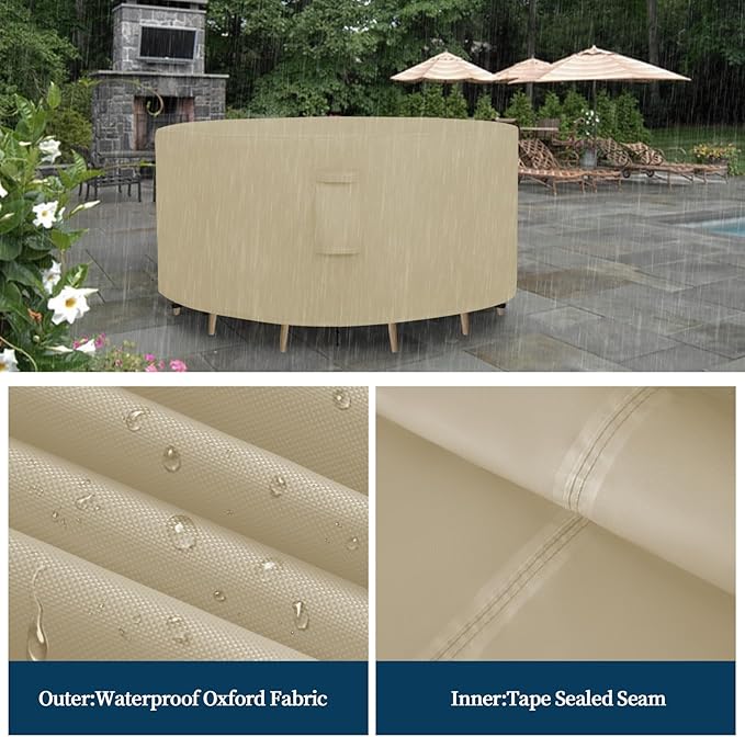 Easy-Going Round Patio Furniture Cover Waterproof Outdoor Dining Table and Chair Cover Anti-UV Outside Sectional Sofa Set Covers (96"DIA x 28"H, Camel)