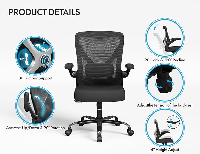 Ergonomic Office Chair - X-Shaped Computer Desk Chairs Comfy, Mesh High-Back Gaming Chair with Adjustable Lumbar Support, Executive Task Chair for Adults, Comfortable for Long Hours