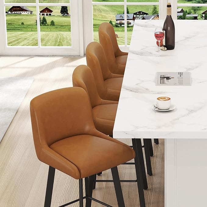 Swivel Counter Height Bar Stools Set of 4, 30''H Upholstered Barstools with Backs, Modern Bar Stool Chairs for Kitchen Island, Metal Legs, Faux Leather, Whiskey Brown Stools Counter Chair