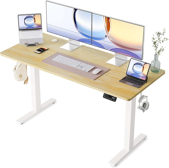 YIHAYO Electric Standing Desk, 55 x 24 Inches Stand Up Desk with Splice Board, Adjustable Height Desk, Computer Desk for Home Office, White Frame/Natural Top
