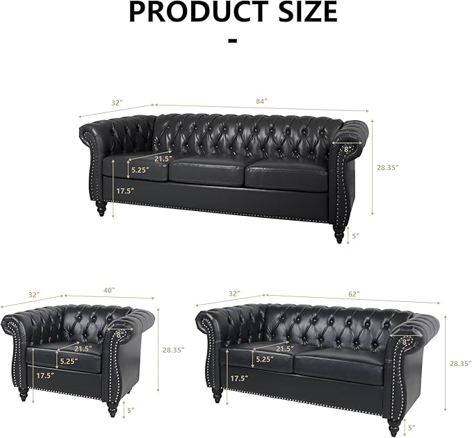 Faux Leather Sofa Couches Set, Modern Comfy Upholstered Couch with Cushions, Home Sofa Sectional Furniture Sets, 3-Piece Mid Century Tufted Chesterfield Couches for Living Room, Bedroom, Office