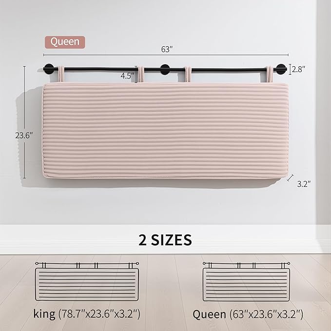 UEV Queen Headboard Only, Wall Mounted Hanging Upholstered Bed Head Board, Modern Vertical Channel Design of Fine Flannel, Elegant Pink Fluted Headboard for Bedroom (Pink, Queen Size)