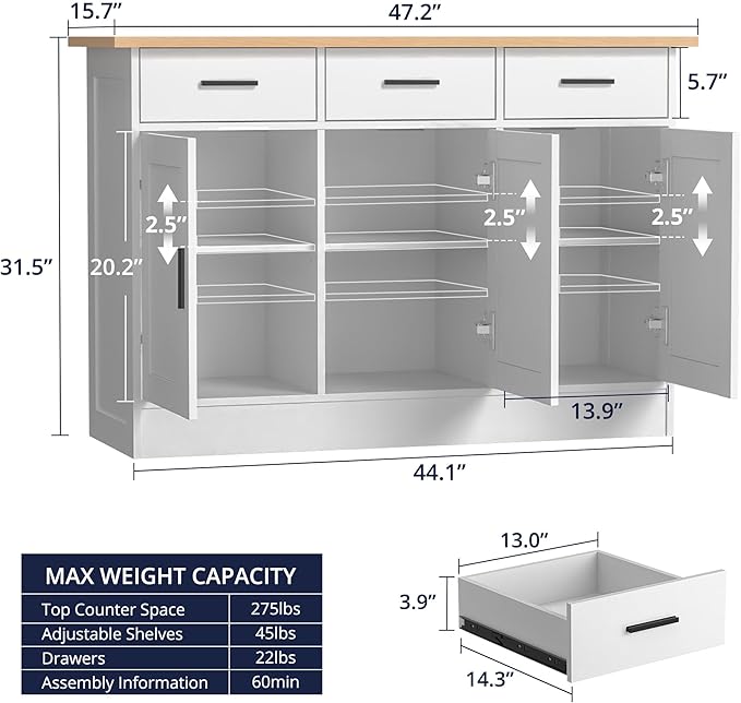 Buffet Cabinet with Storage - Buffets & Sideboards Kitchen Storage Cabinet, Wood Console Table Coffee Bar Accent Cabinets for Living Room Dining Room Entryway Large 3 Doors & Drawers, White 47.2"W