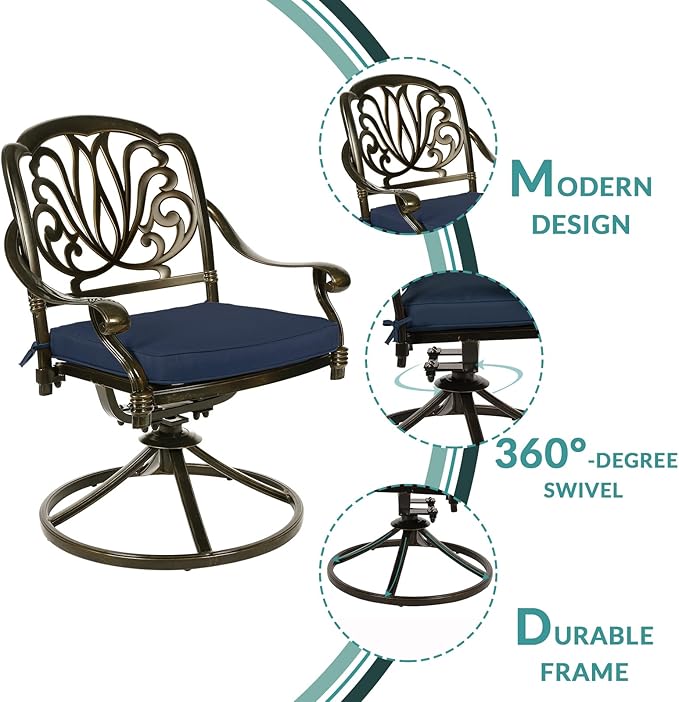 MEETWARM 9-Piece Outdoor Patio Dining Set, All-Weather Cast Aluminum Patio Conversation Set with 2 Swivel Rocker Chairs, 6 Stationary, 1 Oval Table, 8 Cushions, 2" Umbrella Hole, Navy Blue