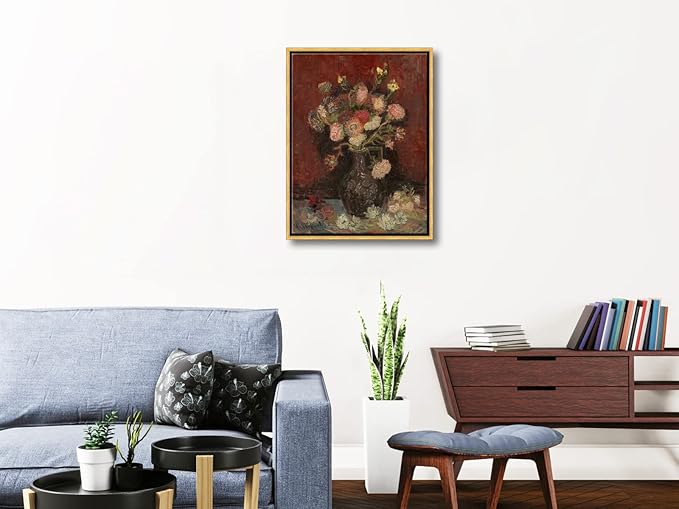 Wieco Art Framed Art Vase with Chinese Asters and Gladioli by Van Gogh Famous Oil Paintings Reproduction Abstract Canvas Prints for Home Decorations Bronze Gold Frame