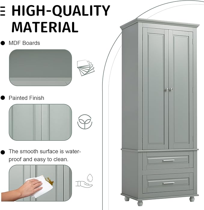 Polibi Tall Storage Cabinet with 2 Drawers, 3-Tier Adjustable Shelves & 2 Doors, Floor Freestanding Cabinet for Bathroom, Living Room, Grey