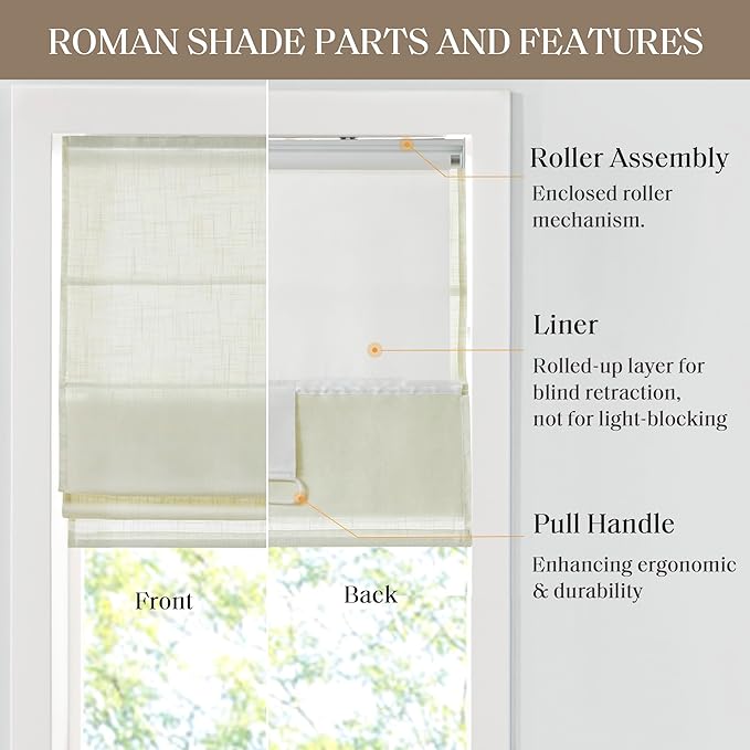 Madison Park Kyler Cordless Roman Shades - Single Panel, Lightweight Linen Blend Fabric, Natural Design, Easy Installation, Light Filtering Window Blind, Bedroom, Living Room Decor 27"W x 64"L Ivory