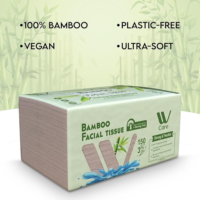 WBM Care Bamboo Facial Tissues, Bulk Box of 10 Packs, 150 Sheets Each, Total 1,500 Sheets, Soft and eco-friendly, perfect for everyday use, great value