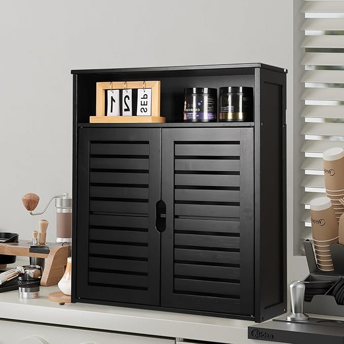 HYNAWIN Wall-Mounted Black Bathroom Cabinet with Double Doors, Bamboo Storage Shelf Organizer for Kitchen, Living Room, or Bathroom