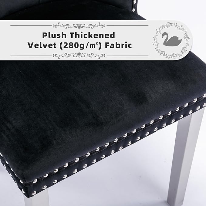 Velvet Upholstered Dining Chairs Set of 2, Modern Style Kitchen Side Chairs with Nailhead Trim and Silver Plated Leg, Metal Pulling Ring for Dining Room Living Room(Black,Set of 2)