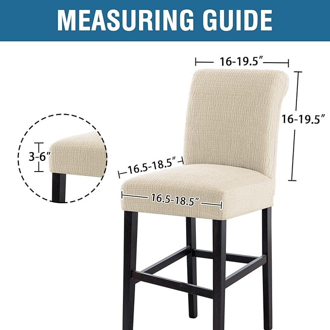 H.VERSAILTEX 100% Waterproof Pub Counter Stool Chair Covers Slipcover Rectangular Jacquard Crizzle Pattern Stretch Barstool Seat Covers with Backs Washable Dining Room Chair Covers Set of 2, Ivory