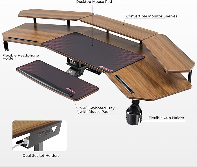 EUREKA ERGONOMIC Standing Desk Adjustable Height, Computer Desk w Keyboard Tray 72" Gaming Music Studio Desk LED Monitor Stand,Dual Motor,Slot Design,Walnut