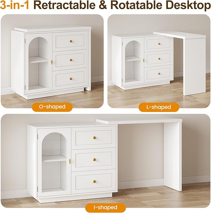 RoyalCraft L Shaped Home Office Desk, Extendable and Rotatable Desk with 3 Drawers and Door, Corner Computer Desk, Modern Study Writing Table for Bedroom, Home Office, White