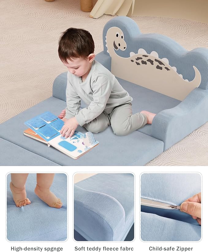 YACODAVO 2-in-1 Kids Couch Fold Out, Convertible Toddler Couch to Lounger, Toddler Chair Comfy, Kids Sofa for Girls and Boys, Gift for Birthday, Children's Day, Dinosaur Blue