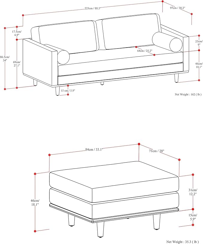 SIMPLIHOME Morrison Mid-Century Modern 89 inch Wide Sofa with Ottoman Set in Mist Grey Woven-Blend Fabric for the Living Room and Family Room