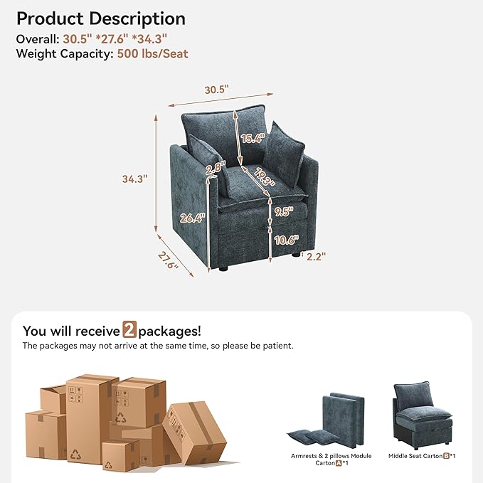 30" Cloud Modular Single Sofa Chair with Storage, Modern Upholstered Accent Chair Deep Seat, Chenille Reading Lounge Armchair for Living Room, Bedroom, Small Space, Blue