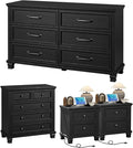 Farmhouse Bedroom Dresser and Nightstand Set of 4, 6 Drawer Low & 5 Drawers Dresser & 2 Drawer Nightstand Set, Rustic Wood Bedroom Furniture Set for Livingroom, Hallway, Black