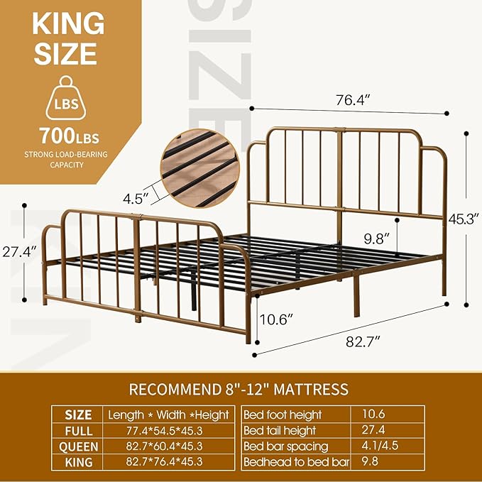 PINJU Metal Platform Bed Frame with Headboard and Footboard, Classic Style, Sturdy Metal Slats, No Box Spring Needed, Easy Installation (Gold, King)
