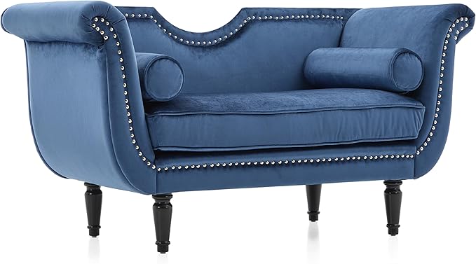 Christopher Knight Home Aurora Velvet Chaise Lounge Indoor with 2 Bolster Pillows, Upholstery Entryway Bench with Nailhead Trim & Curved Arms, End of Bed Bench Ottoman and Wooden Legs, Dark Blue