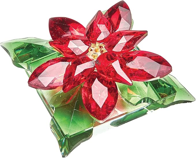 Bits and Pieces Crystal Poinsettia Figurine - Faceted Glass Sparkling Red and Green, Home Decor Christmas Decoration and Gift