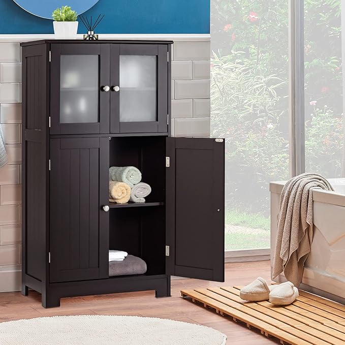 LOKO Bathroom Floor Cabinet, Storage Organizer with Glass Doors, Wooden Kitchen Cupboard with Adjustable Shelf, Versatile Floor Storage Cabinet for Bathroom, Living Room & Kitchen (Brown)