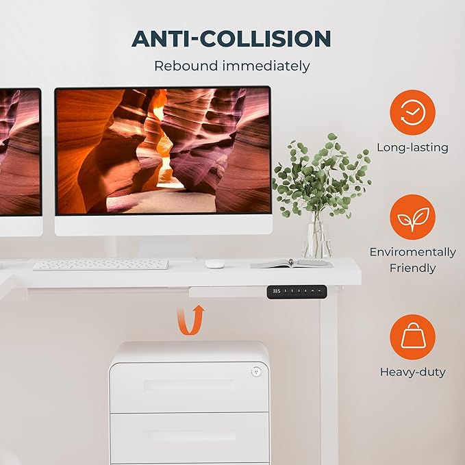 L-Shaped Standing Desk, 71 x 63 Inches Height Adjustable Desk with Storage, Sit and Stand up for Work Office Home, Ergonomic Rising Computer Table for Home Office with Splice Board, White