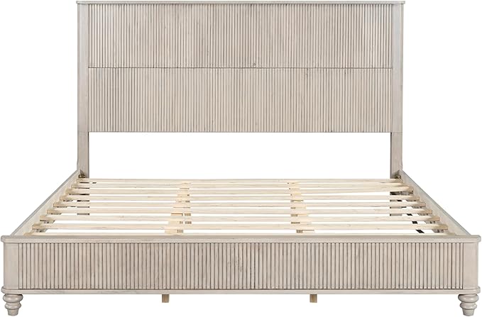 King Size Solid Wood Platform Bed Frame, Solid Wood Bed with 79.13" Headboard, Solid Wood Leg/No Box Spring Needed/Noise Free/Beige