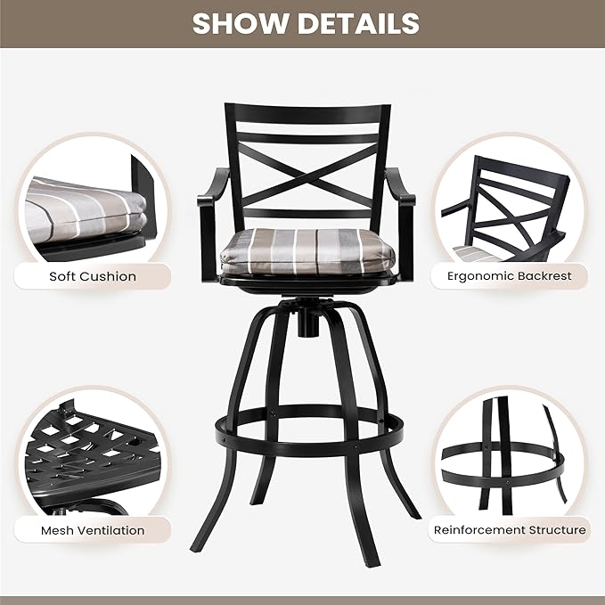 Pellebant 30" Sunbrella Outdoor Bar Stools Set of 2, Aluminum Swivel Patio Bar Height Barstools with Back & Footrest, Tall Barstool Chairs for Deck Lawn Garden, Milano Char