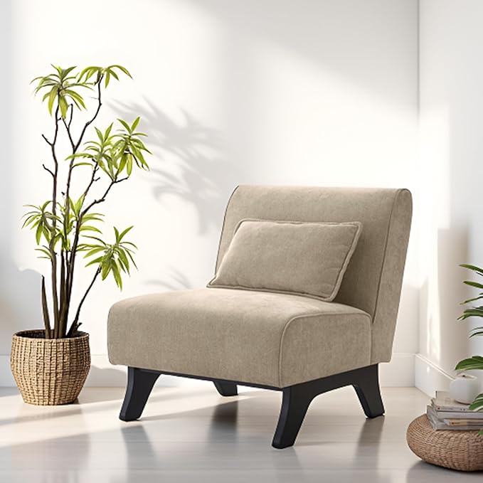 Upholstered Armless Accent Chair,Modern Comfy Living Room Chairs with Wooden Legs& Pillows,Lounge Sofa Side Chair for Bedroom Farmhouse Reading (Brown, 1 PC)