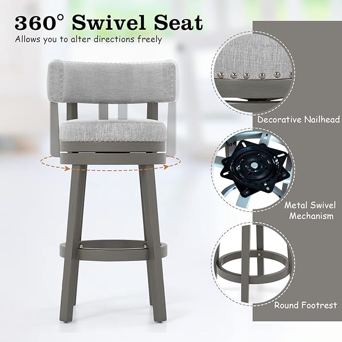COSTWAY Bar Stool, 27-inch 360° Swivel Barstool with Upholstered Back & Seat, Solid Rubber Wood Legs & Footrest, Farmhouse Counter Height Chair for Home, Bar, Cafe, Grey (1, Seat Height 27‘’)