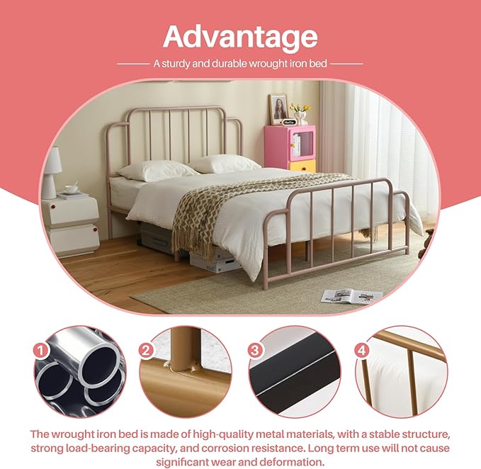 PINJU Metal Platform Bed Frame with Headboard and Footboard, Classic Style, Sturdy Metal Slats, No Box Spring Needed, Easy Installation (Pink, Queen)