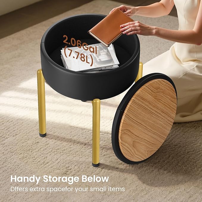 18-Inch Leather Vanity Stool Chair with Storage, Vanity Bench with 4 Golden Metal Legs & Anti-Slip Adjustable Feet,Round Storage Ottoman Stool with Removable Soft Padded Seat, Black