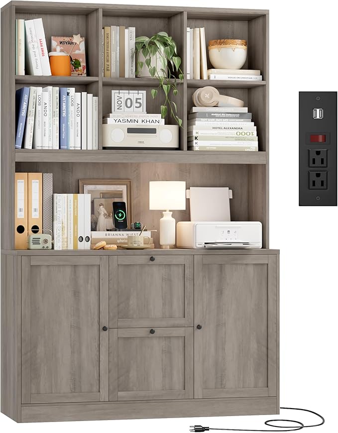 HIFIT 72'' Tall File Bookcase with Power Outlet & Printer Stand, 2 Drawer Filing Cabinets for Home Office Hanging A4 File, Storage Cabinet w/ 3 Tier Open Book Shelf & Doors for Living Room, Ash Grey