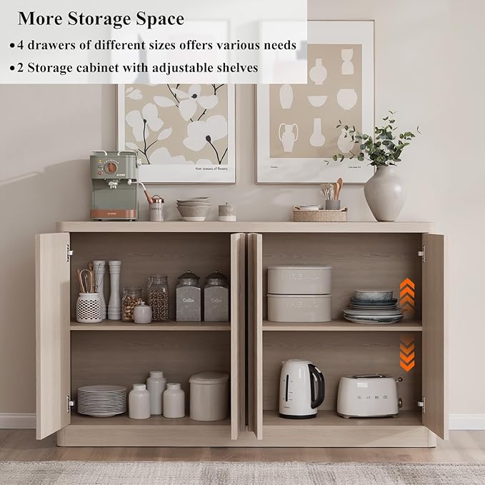 Fluted Buffet Cabinet with Storage, 120" Sideboard Buffet Cabinet with 8 Door-Modern Credenza Storage Cabinets with Adjustable Shelves, Solid Wood Handles for Kitchen, Living Room, White Alder(2PC)